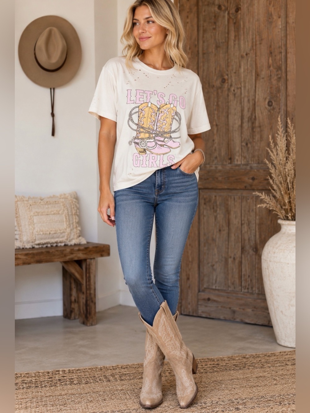 Altar'd State Beige Western Tee with Pink & Yellow Graphic and Intentional Holes